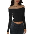thumbnail image 1 of Michellecmm Women’s Knit Crop Tops Basic Solid Color Off Shoulder Long Sleeve T-Shirts Cropped Sweater, 1 of 5