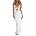 thumbnail image 1 of Michellecmm  Women's Knit Halter Long Dress Solid Color Cross Cut Outs Front Dress, 1 of 9