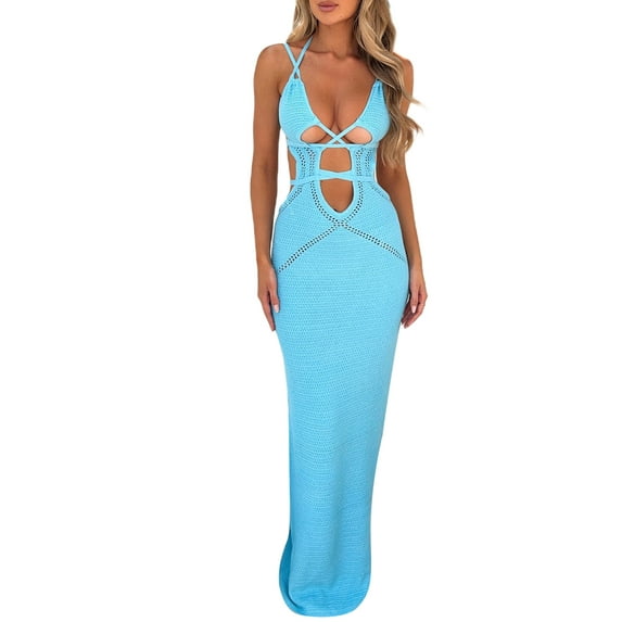 Michellecmm Women's Knit Halter Long Dress Solid Color Cross Cut Outs Front Dress