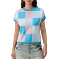 thumbnail image 1 of Michellecmm Women's Knitted Tops Ribbed Checkered Round Neck Short Sleeve Contrast Color Casual Crop T-Shirt, 1 of 9