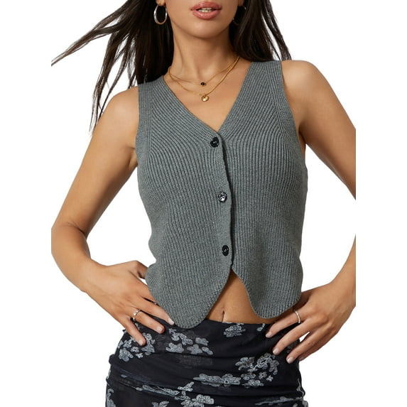Michellecmm Women's Knitted Vest Solid Color V-Neck Button Down Waistcoat