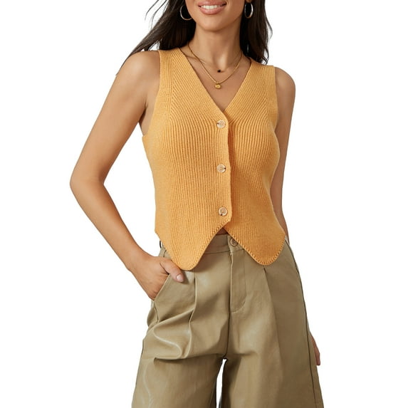 Michellecmm Women's Knitted Vest Solid Color V-Neck Button Down Waistcoat