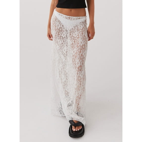 Michellecmm Women's Lace Long Skirts Vintage High Waist Solid Color See-Through Midi Skirts Slim Fit Skirts