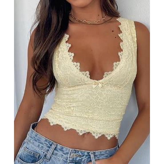 Michellecmm Women's Lace Tank Tops Sleeveless Deep V Neck Slim Fit Crop Tops