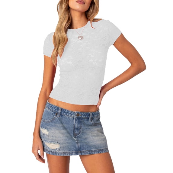 Michellecmm Women's Lace Tops Casual Slim Fit Round Neck Short Sleeve T-Shirt