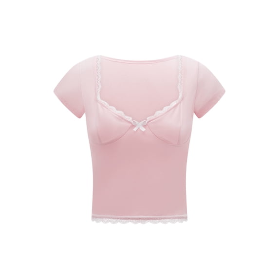 Michellecmm Women's Lace Trim Cropped Tops Short Sleeve Sweetheart Neck Mini Bow Front Sweet Slim T-Shirt