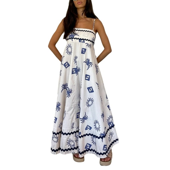 Michellecmm Women's Long Beach Dress Sleeveless Spaghetti Strap Sun Print Dress