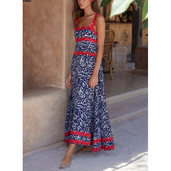 Michellecmm Women's Long Cami Dress Ric Rac Square Neck Sleeveless A-Line Dress