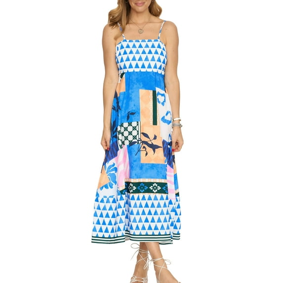 Michellecmm Women's Long Cami Dress Sleeveless Open Back Geometric Pattern Print Spaghetti Strap Dresses