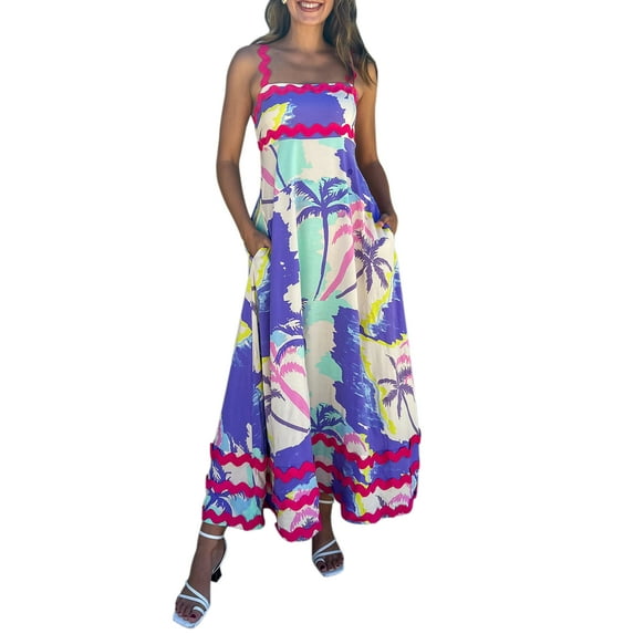 Michellecmm Women’s Long Dress Fashion Print Sleeveless Wavy Trim Strap Dress