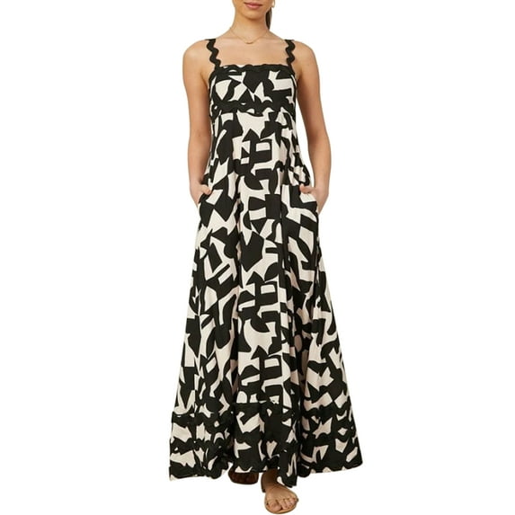 Michellecmm Women’s Long Dress Fashion Print Sleeveless Wavy Trim Strap Dress