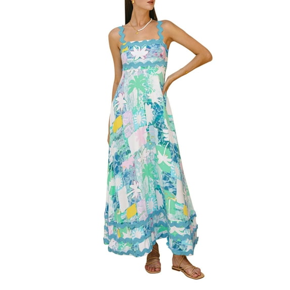 Michellecmm Women’s Long Dress Fashion Print Sleeveless Wavy Trim Strap Dress