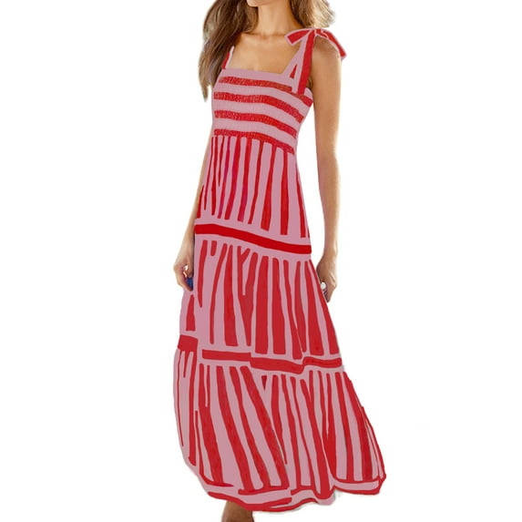 Michellecmm Women’s Long Dress Sleeveless Tie Shoulder Stripes Print Tiered Dress