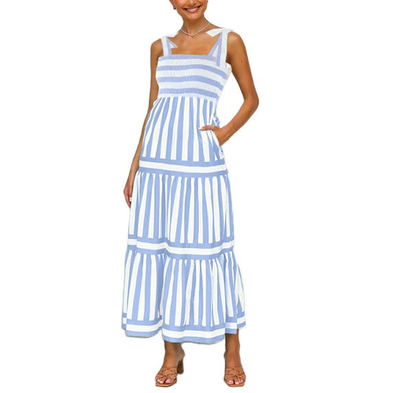 Michellecmm Women’s Long Dress Sleeveless Tie Shoulder Stripes Print Tiered Dress
