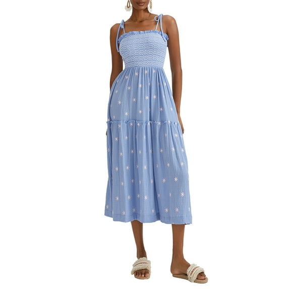 Michellecmm Women's Long Dress Square Neck Shirred Tiered Spaghetti Strap Dress