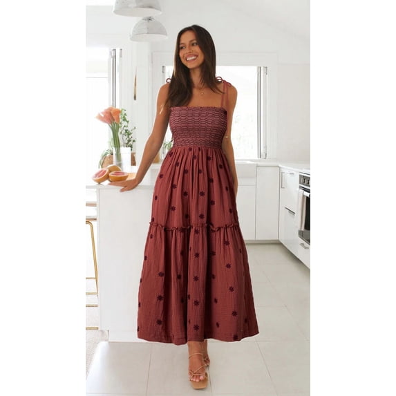 Michellecmm Women's Long Dress Square Neck Shirred Tiered Spaghetti Strap Dress