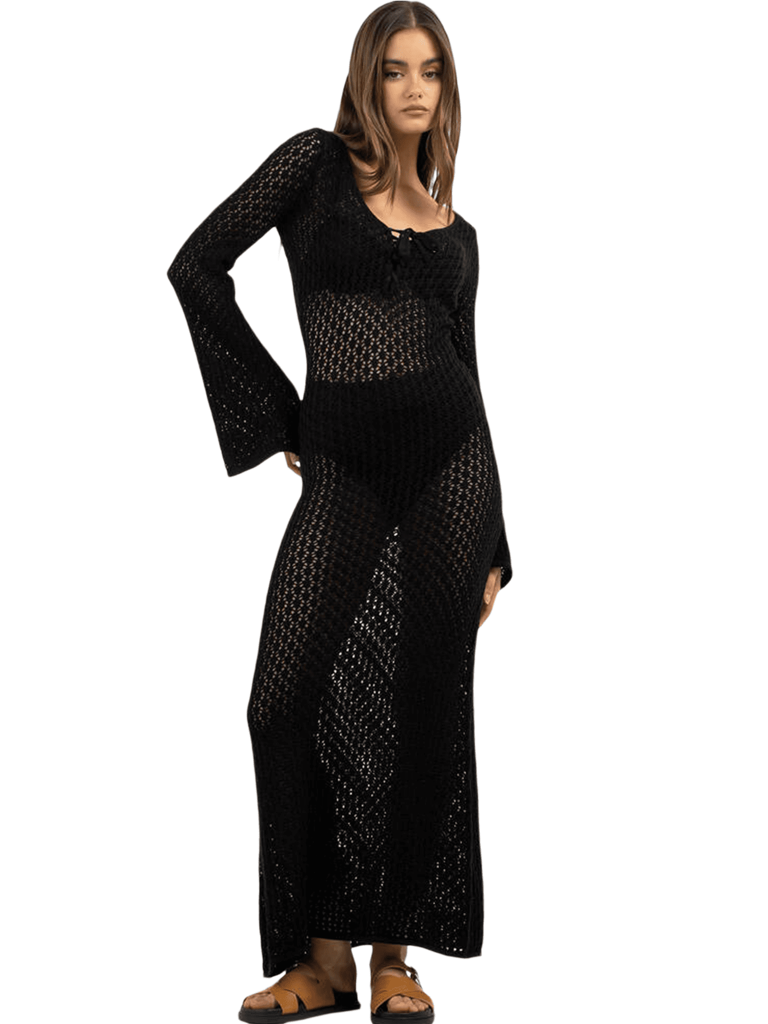 Michellecmm Women's Long Knit Dress Long Sleeve V Neck Tie Up Beach Dress -  Walmart.com