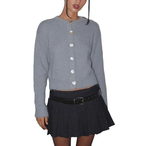 Michellecmm Women's Long Sleeve Cropped Cardigan, Solid Color Round-Neck Button Front Knit Sweater Coat