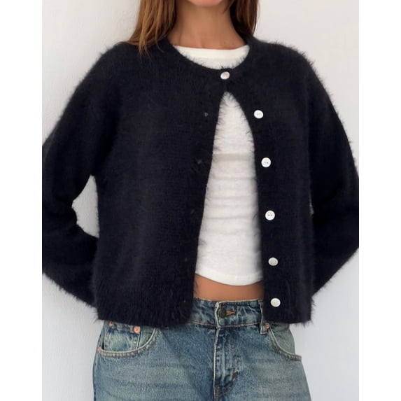 Michellecmm Women's Long Sleeve Cropped Cardigan, Solid Color Round-Neck Button Front Knit Sweater Coat