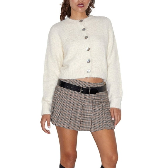 Michellecmm Women's Long Sleeve Cropped Cardigan, Solid Color Round-Neck Button Front Knit Sweater Coat