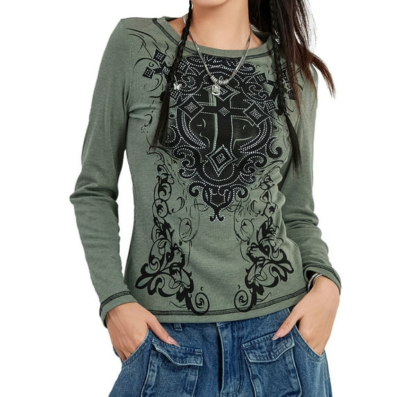 Michellecmm Women's Long Sleeve O Neck Rhinestone Cross Print Casual T-shirt