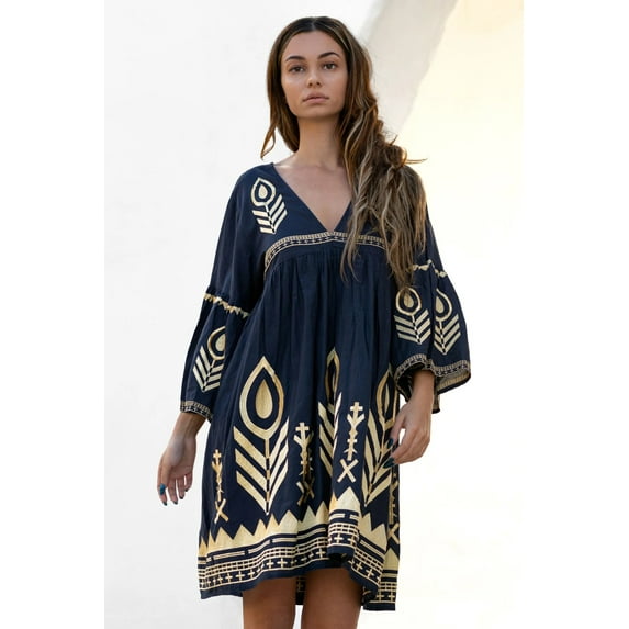 Michellecmm Women's Loose Dress Retro Print 3/4 Sleeve V-Neck Mini Dress