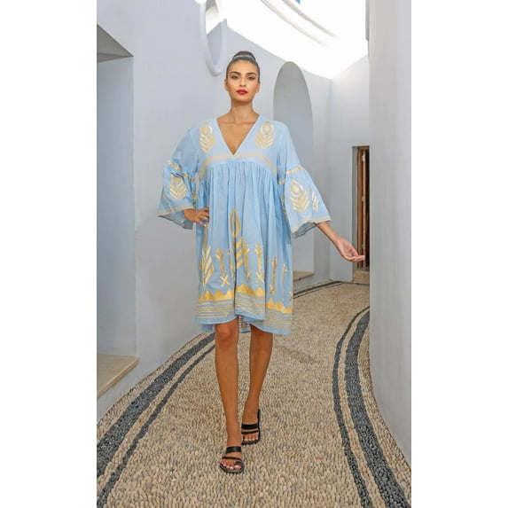 Michellecmm Women's Loose Dress Retro Print 3/4 Sleeve V-Neck Mini Dress