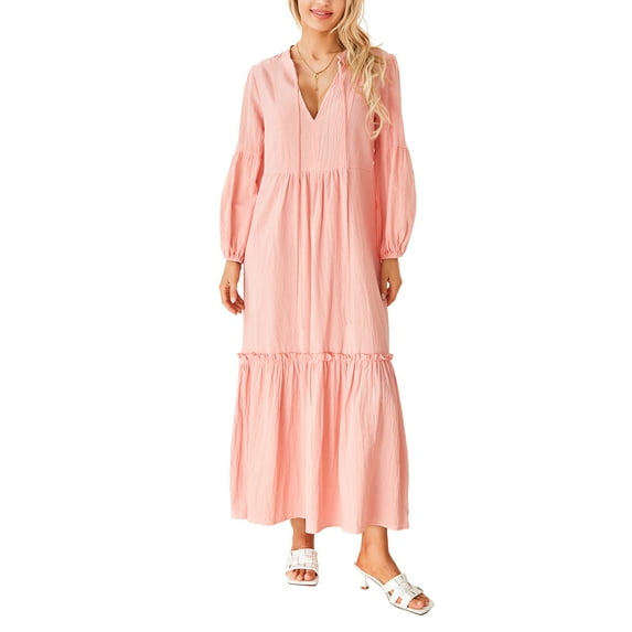 Michellecmm Women's Loose Nightgown Sleepwear Long Sleeve V Neck Ruffle Hem Solid Color Bohemian Dress Sleep Dress