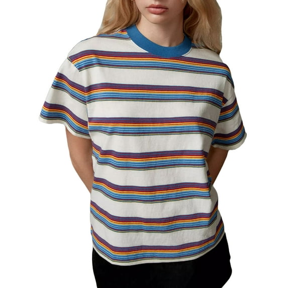Michellecmm Women's Loose T-Shirt Short Sleeve Crewneck Striped/Solid Color Tops