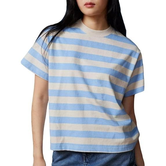 Michellecmm Women's Loose T-Shirt Short Sleeve Crewneck Striped/Solid Color Tops