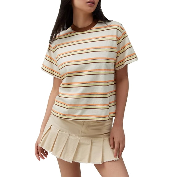Michellecmm Women's Loose T-Shirt Short Sleeve Crewneck Striped/Solid Color Tops