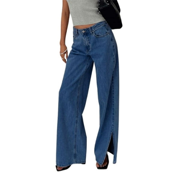 Michellecmm Women’s Low Rise Washed Jeans Trendy Wide Leg Split Hem Loose Denim Pants Trousers