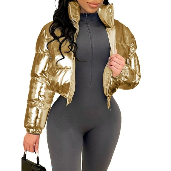 Michellecmm Women's Metallic Puffer Jacket Winter Warm Stand Collar Quilted Coat Zip Up Outwear