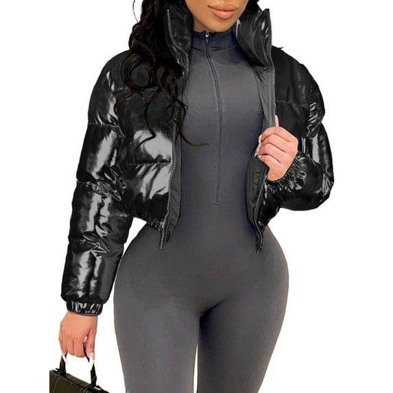 Michellecmm Women's Metallic Puffer Jacket Winter Warm Stand Collar Quilted Coat Zip Up Outwear