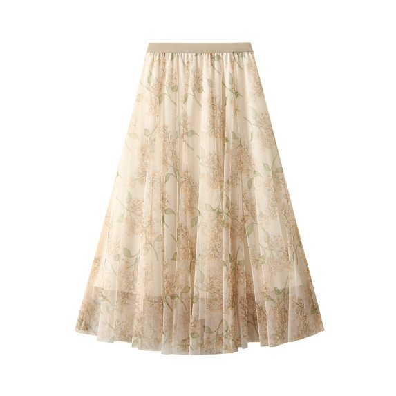 Michellecmm Women's Midi Skirts Floral Print Layered Tulle Elastic Waist Skirts Spring Summer Casual A-line Skirts