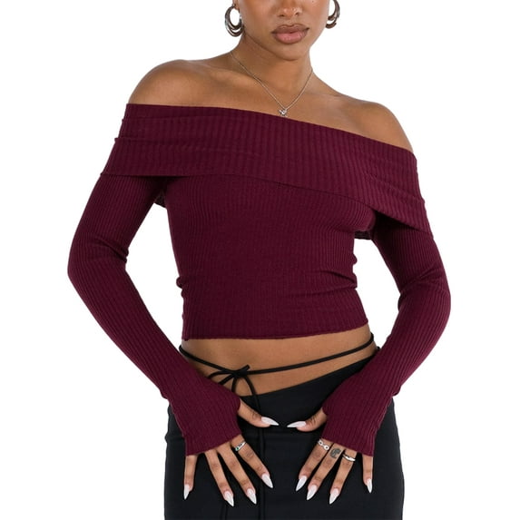 Michellecmm Women's Off-Shoulder Cropped Tops Solid Ribbed Long Sleeve Knitwear