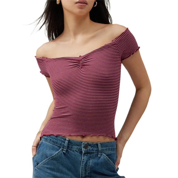 Michellecmm Women's Off Shoulder Stripe Pattern Tops Boat Neck Short Sleeve Slim Fit Summer T-Shirts