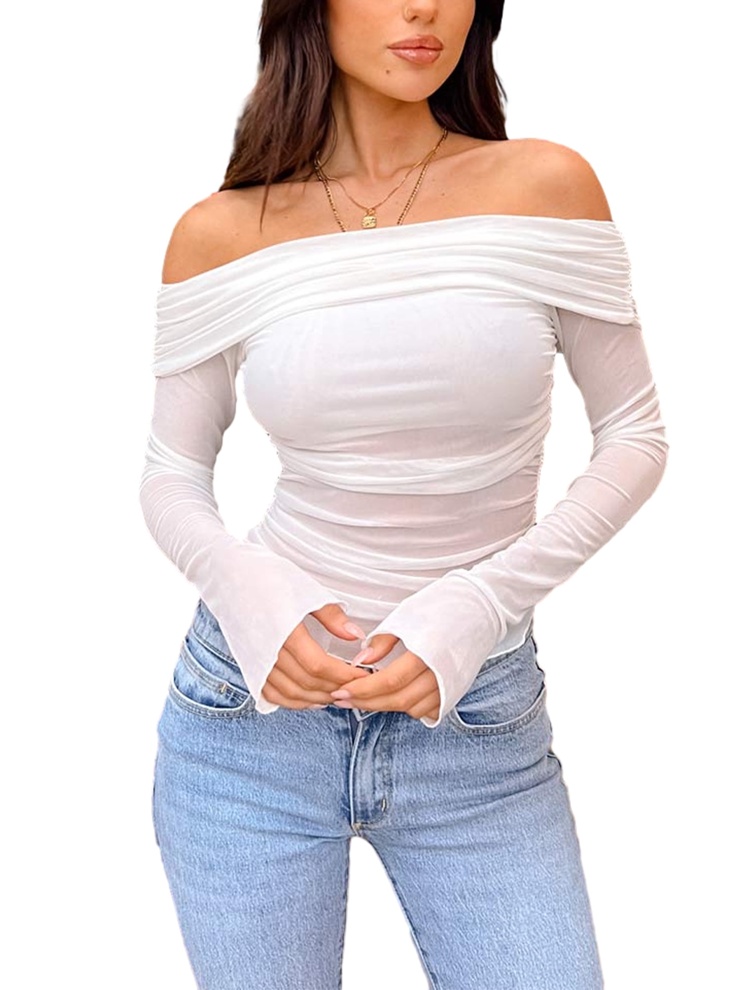 Michellecmm Women s Off Shoulder Tops Long Sleeve Solid Color Mesh T Shirts Dressy Blouses Streetwear