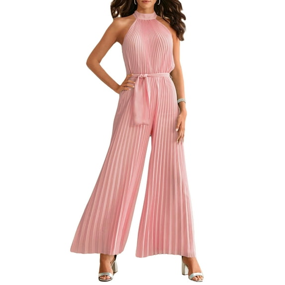 Michellecmm Women's One-Piece Suit, Sleeveless Bandage Pleated Wide-Leg Jumpsuit
