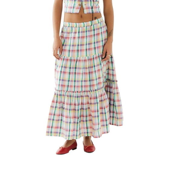Michellecmm Women's Plaid Print Skirt Elastic Waist Tiered A-Line Midi Skirts