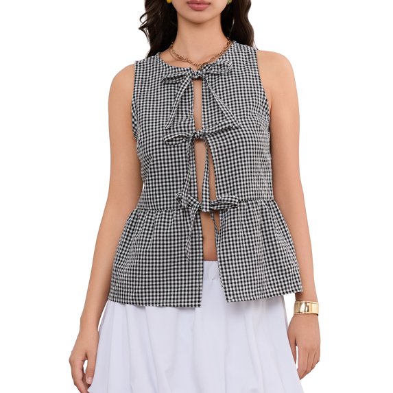 Michellecmm Women's Plaid Print Tank Tops Sleeveless V-Neck Bow Tie Front Vest