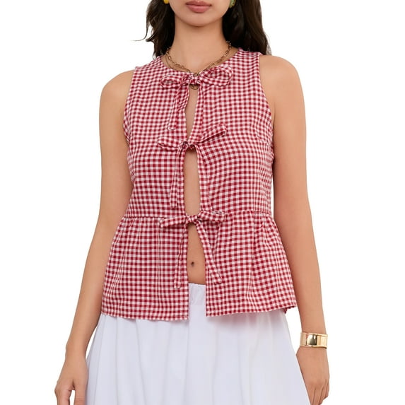 Michellecmm Women's Plaid Print Tank Tops Sleeveless V-Neck Bow Tie Front Vest