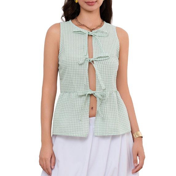 Michellecmm Women's Plaid Print Tank Tops Sleeveless V-Neck Bow Tie Front Vest
