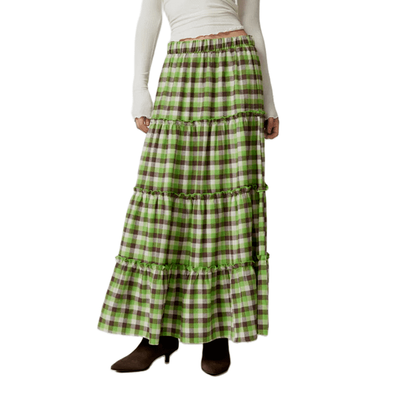 Michellecmm Women's Plaid Skirt Loose Elastic Waist Ruffled Tiered Long Skirt