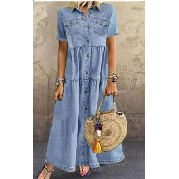 Michellecmm Women's Plus Size Denim Dress Short Sleeve Turn Down Collar Dress