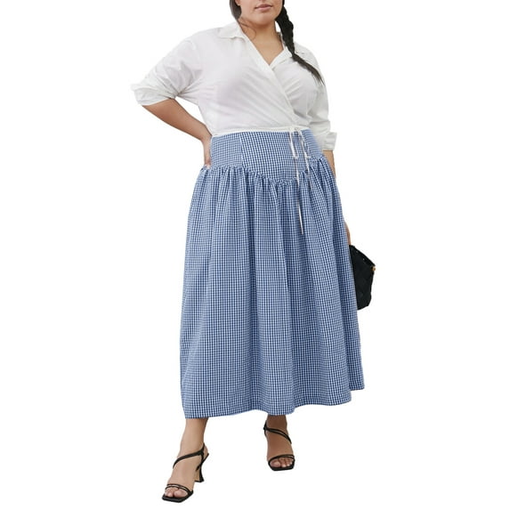 Michellecmm Women's Plus Size Long Skirts Fashion Plaid High Waist Casual Skirts