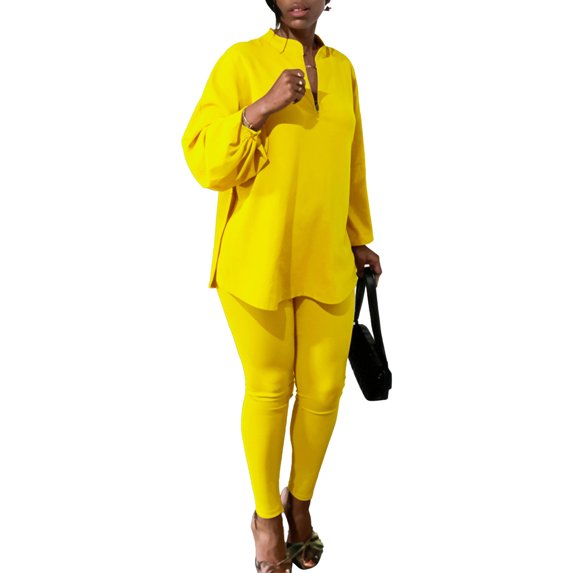 Michellecmm Women's Plus Size Outfits Solid Color V-Neck Long Sleeve Slit Hem Tops with Leggings 2 Pcs Set