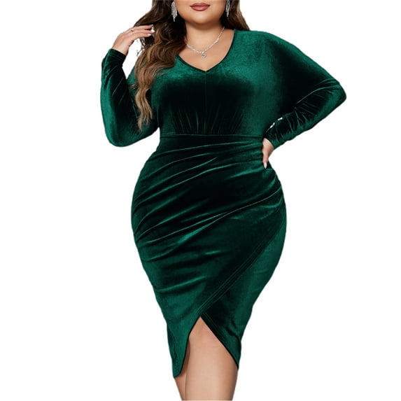 Michellecmm Women's Plus Size Velvet Dress Solid Color Long Sleeve V-Neck Bodycon Dress