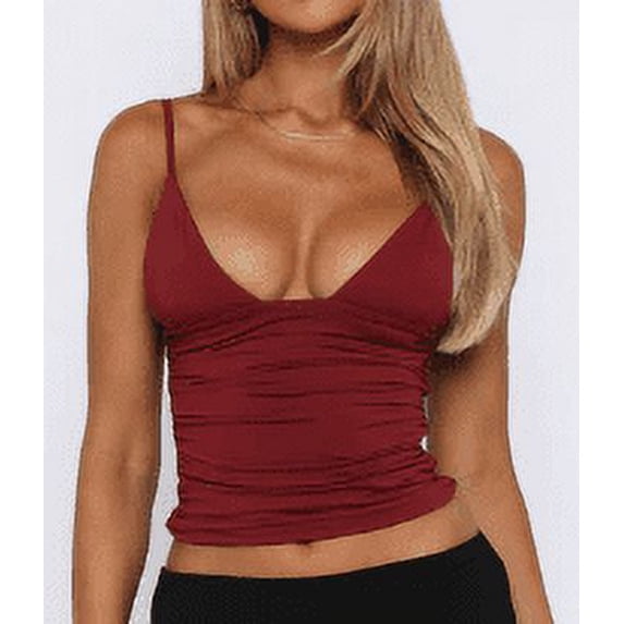 Michellecmm Women's Ruched Crop Cami Tops Spaghetti Strap Low Cut Camisole