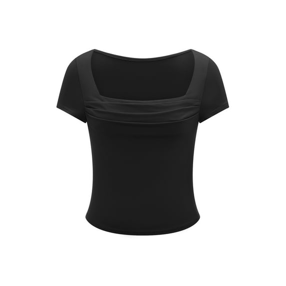 Michellecmm Women's Ruched Cropped Tops Solid Short Sleeve Square Neck T-Shirt